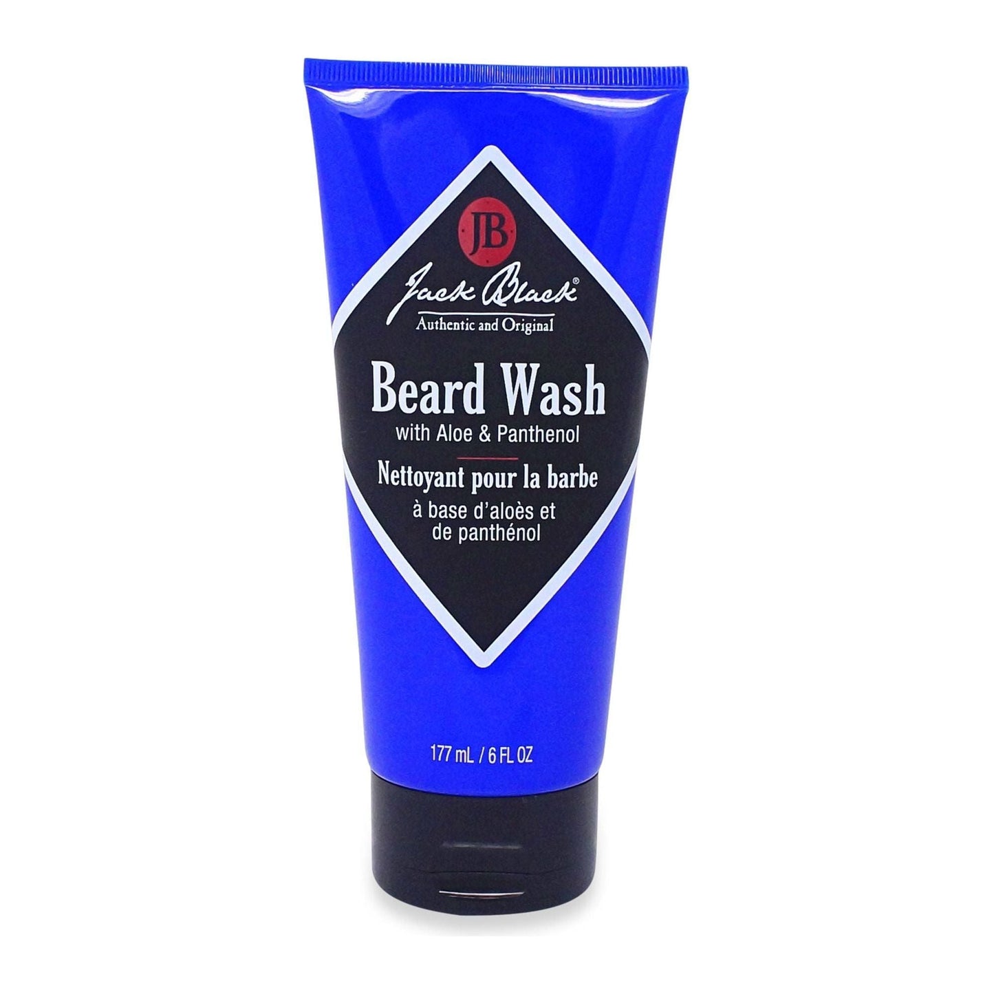 Jack Black beard wash with aloe and panthenol in a 6 oz bottle, designed to clean and condition facial hair.