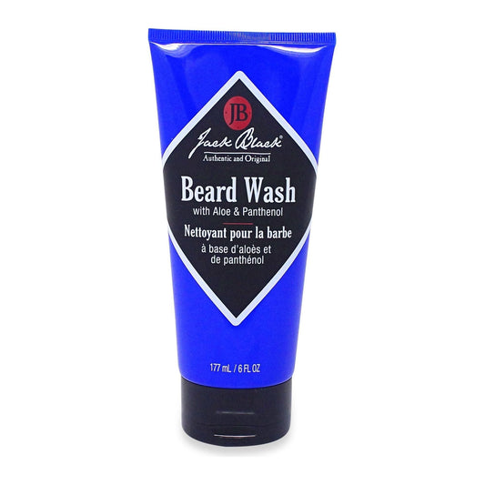 Jack Black beard wash with aloe and panthenol in a 6 oz bottle, designed to clean and condition facial hair.