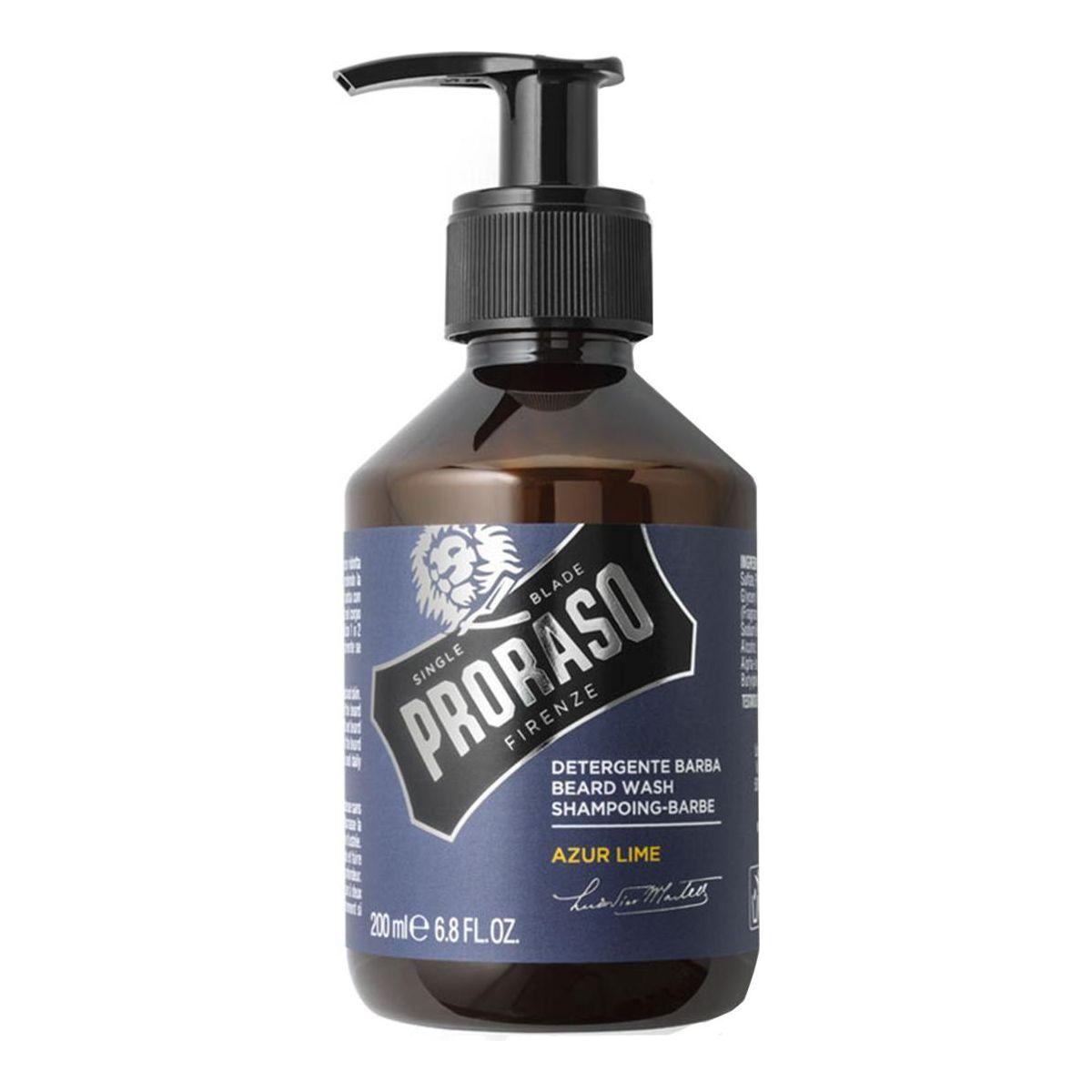 Proraso Single Blade Azur Lime Beard Wash in a 6.8 oz bottle, natural cleanser for beard grooming and hygiene.
