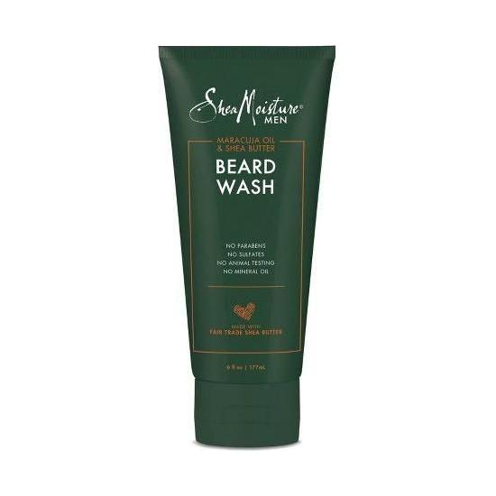 Beard wash bottle labeled Shea Moisture Beard Wash with Maracuja Oil and Shea Butter, 6 oz, natural ingredients and nourishing formula.