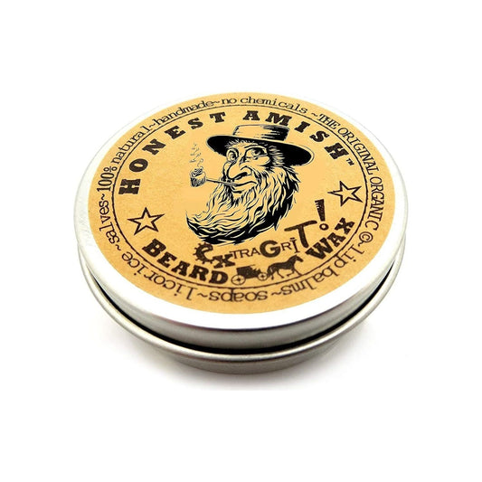 Honest Amish Extra Grit Beard Wax 2 Oz in a jar, natural beard grooming product for styling and shaping beards.