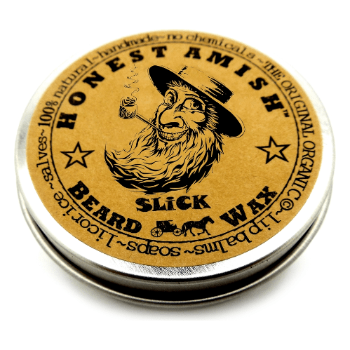 Honest Amish Slick Beard Wax 2 oz in a jar, natural beard styling and grooming wax for a smooth, well-maintained beard.