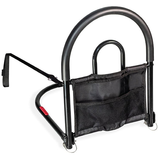 Pasteur Pharmacy Stander Bed Rail Advantage Traveler and Organizer attached to a bed, with safety rail and storage pockets visible.