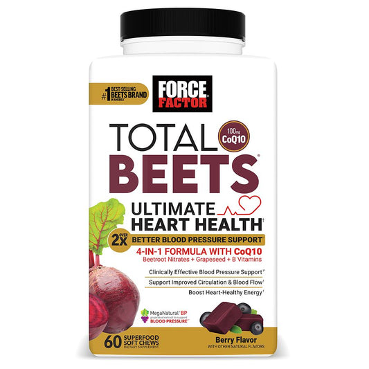Berry-flavored Force Factor Total Beets soft chews for heart health, featuring fresh beets in a natural supplement form.