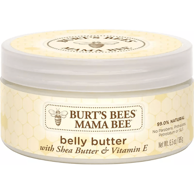 Burt's Bees Mama Bee Belly Butter 6.5oz jar, natural skincare product for pregnant bellies, featuring a white and beige container.