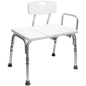 Carex bathtub transfer bench by Pasteur Pharmacy, showing a sturdy white bathroom bench with armrests and non-slip feet.