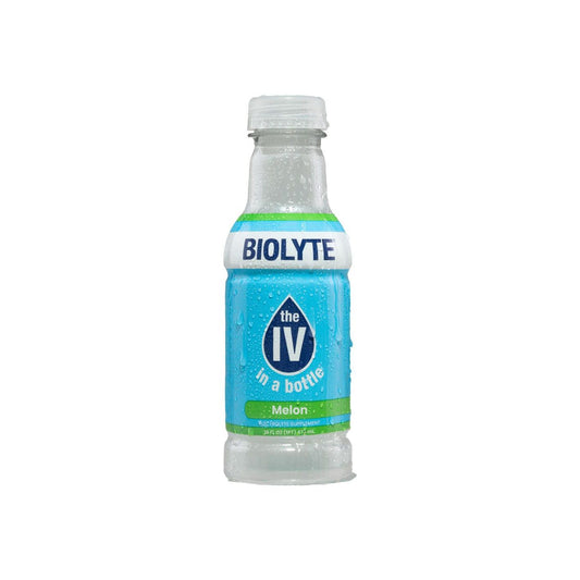 Biolyte Premium Watermelon electrolyte supplement in 16 fl oz bottle, a beverage for rehydration and electrolyte replenishment.