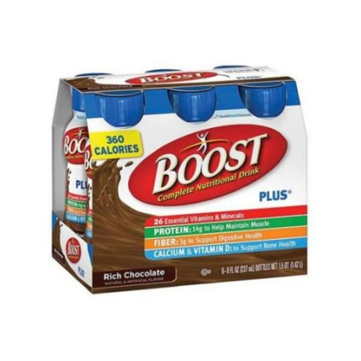 Rich chocolate Boost Plus nutritional drink in 8 oz bottles, 24-pack case by Pasteur Pharmacy, showing the beverage and packaging.