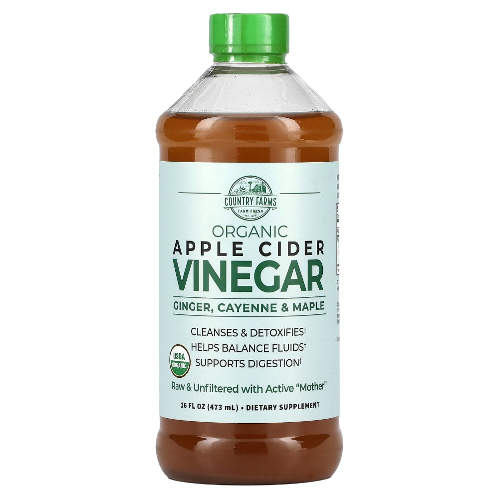 Organic apple cider vinegar beverage with ginger, cayenne, and maple from Country Farms, natural health tonic in a bottle.