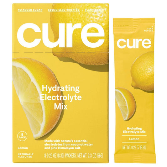 Cure Hydration electrolyte vegan drink mix powder in lemon flavor, 8-pack, in a clear container with lemon slices and powder.