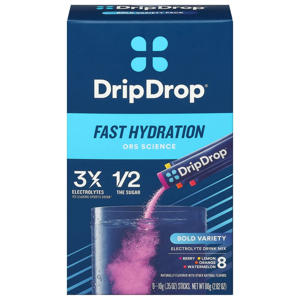 Drip Drop Dehydration Relief Bold Variety Powder 8-count beverage pack by Pasteur Pharmacy, featuring colorful powder packets for hydration.