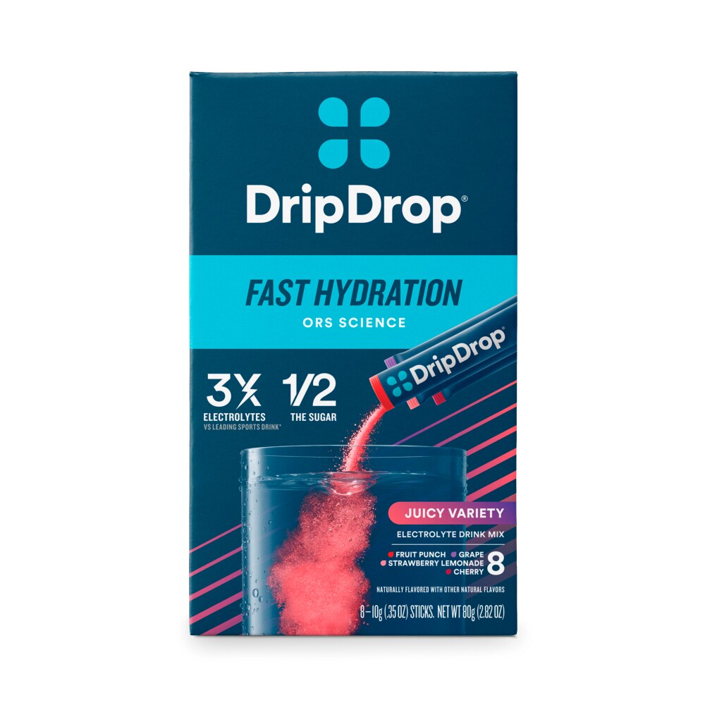 DripDrop Fast Hydration Sticks Variety Pack by Pasteur Pharmacy, assorted electrolyte beverage sticks on a white background.
