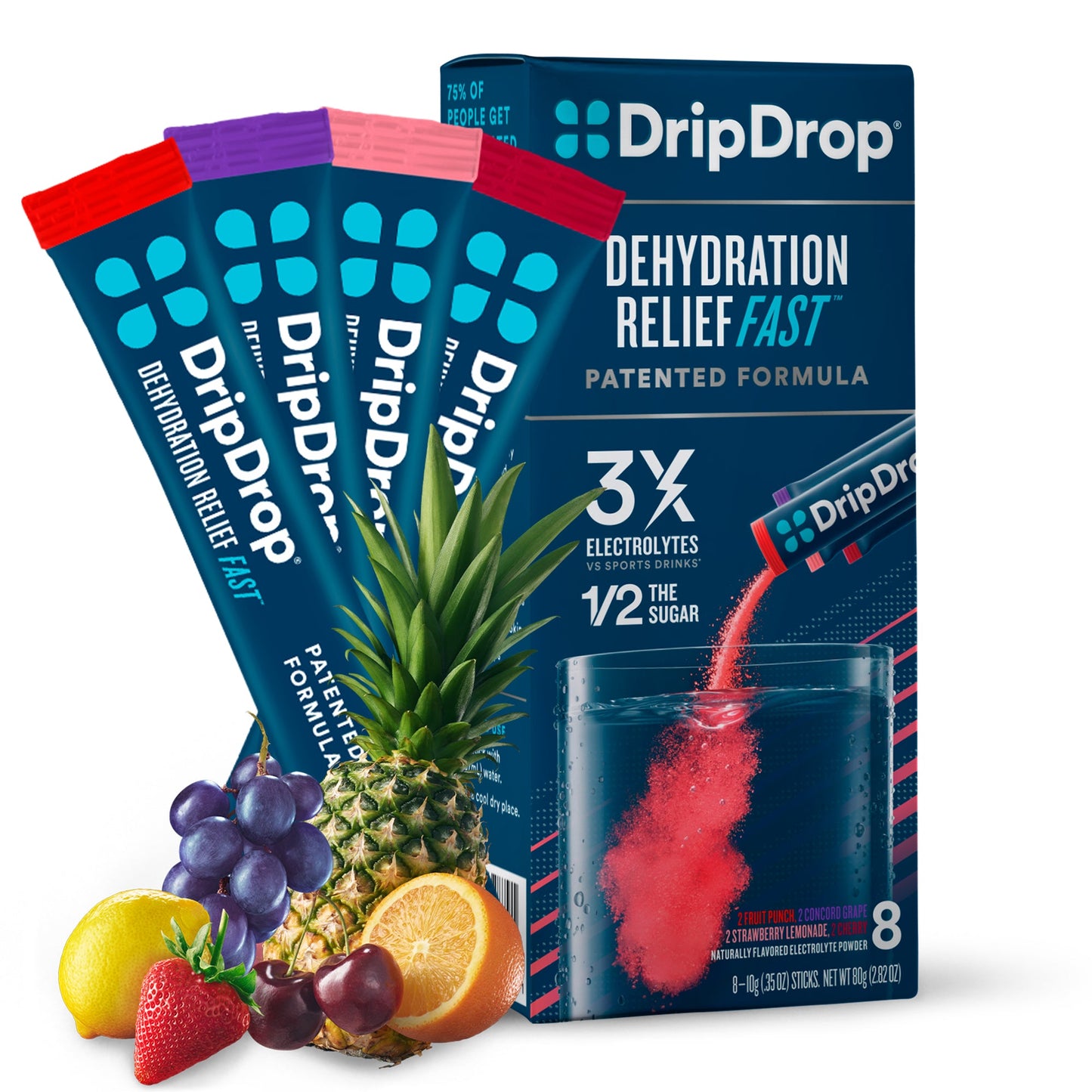DripDrop electrolyte powder packets, 8x10g, in a variety pack, by Pasteur Pharmacy, with colorful packaging and juice flavor branding.