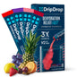 DripDrop electrolyte powder packets, 8x10g, in a variety pack, by Pasteur Pharmacy, with colorful packaging and juice flavor branding.