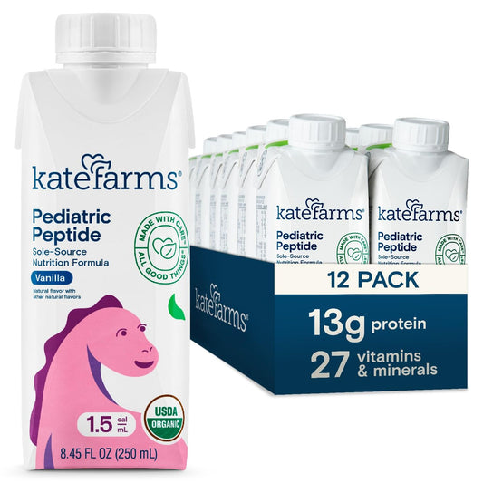 Kate Farms Peptide 1.5 Pediatric Oral Supplement beverage in a bottle, designed for children’s nutrition.