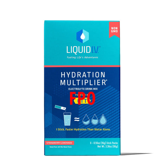 Liquid I.V. electrolyte drink mix in Strawberry Lemonade flavor, featuring a clear glass with the vibrant powdered mix and fresh strawberries.