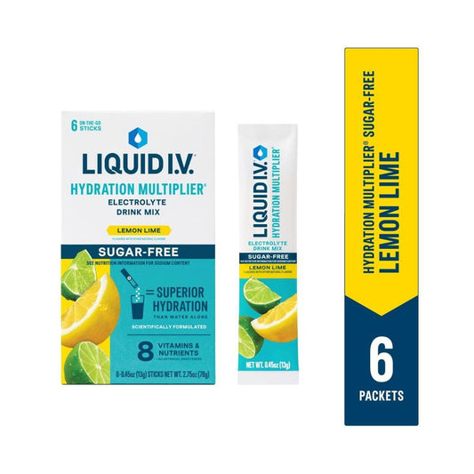 Liquid I.V. electrolyte drink mix by Pasteur Pharmacy, sugar-free Lemon Lime flavor in a package with the product label visible.