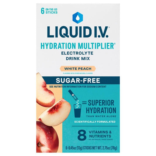 Liquid I.V. electrolyte drink mix by Pasteur Pharmacy in white peach flavor, sugar-free beverage powder with a white and peach-colored packaging.
