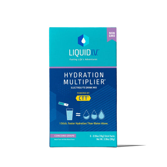Liquid I.V. Hydration Multiplier drink mix in grape flavor, featuring a vibrant purple powder packet on a white background.