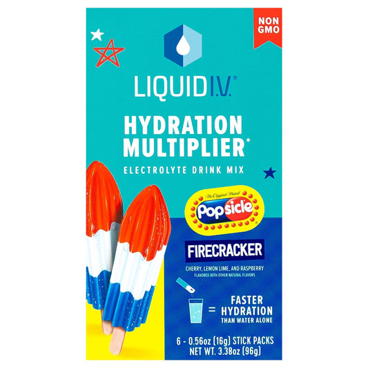 Liquid I.V. Hydration Multiplier electrolyte drink mix in Popsicle Firecracker flavor, shown in a clear glass with vibrant red liquid