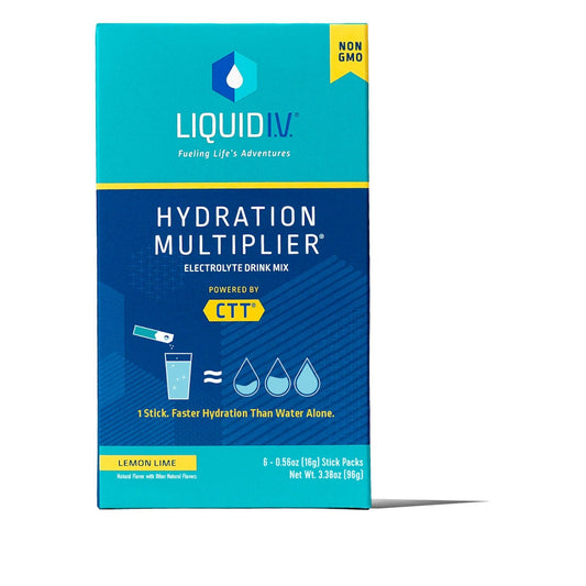 Liquid I.V. Hydration Multiplier electrolyte drink mix powder in Lemon Lime flavor, shown in six individual packets.