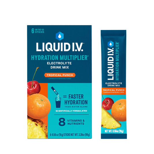Liquid I.V. Hydration Multiplier electrolyte drink mix powder in Tropical Punch flavor, 6 individual packets for hydration.