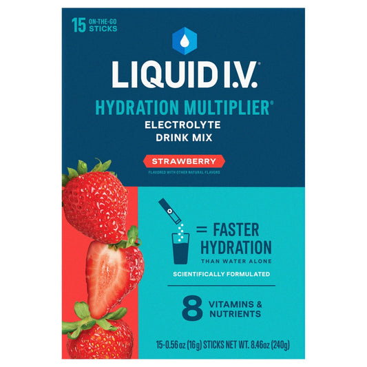 Liquid I.V. Hydration Multiplier electrolyte drink mix in strawberry flavor, in a clear packet with red and white branding.