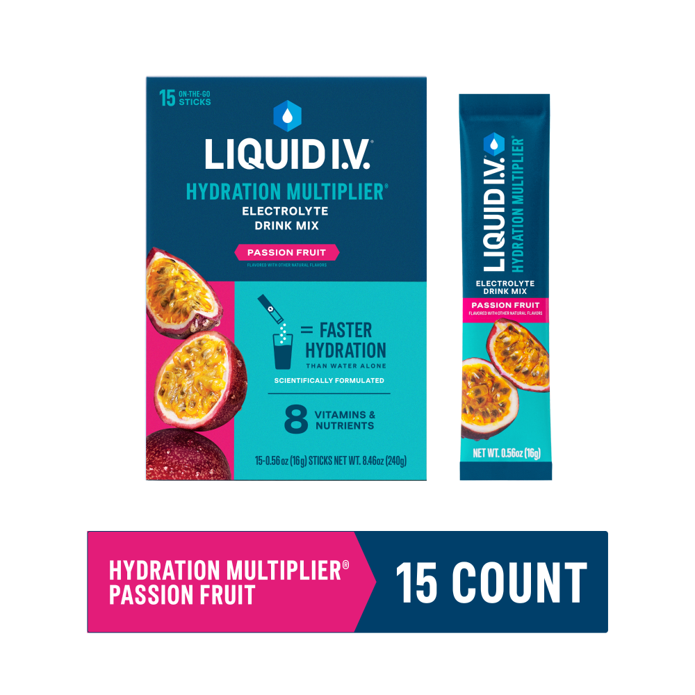 Liquid I.V. Hydration Multiplier Passion Fruit electrolyte drink mix in a clear packet with passion fruit flavor branding.