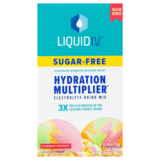 Liquid I.V. Hydration Multiplier sugar-free electrolyte drink mix in Rainbow Sherbet flavor, with colorful powder packets.