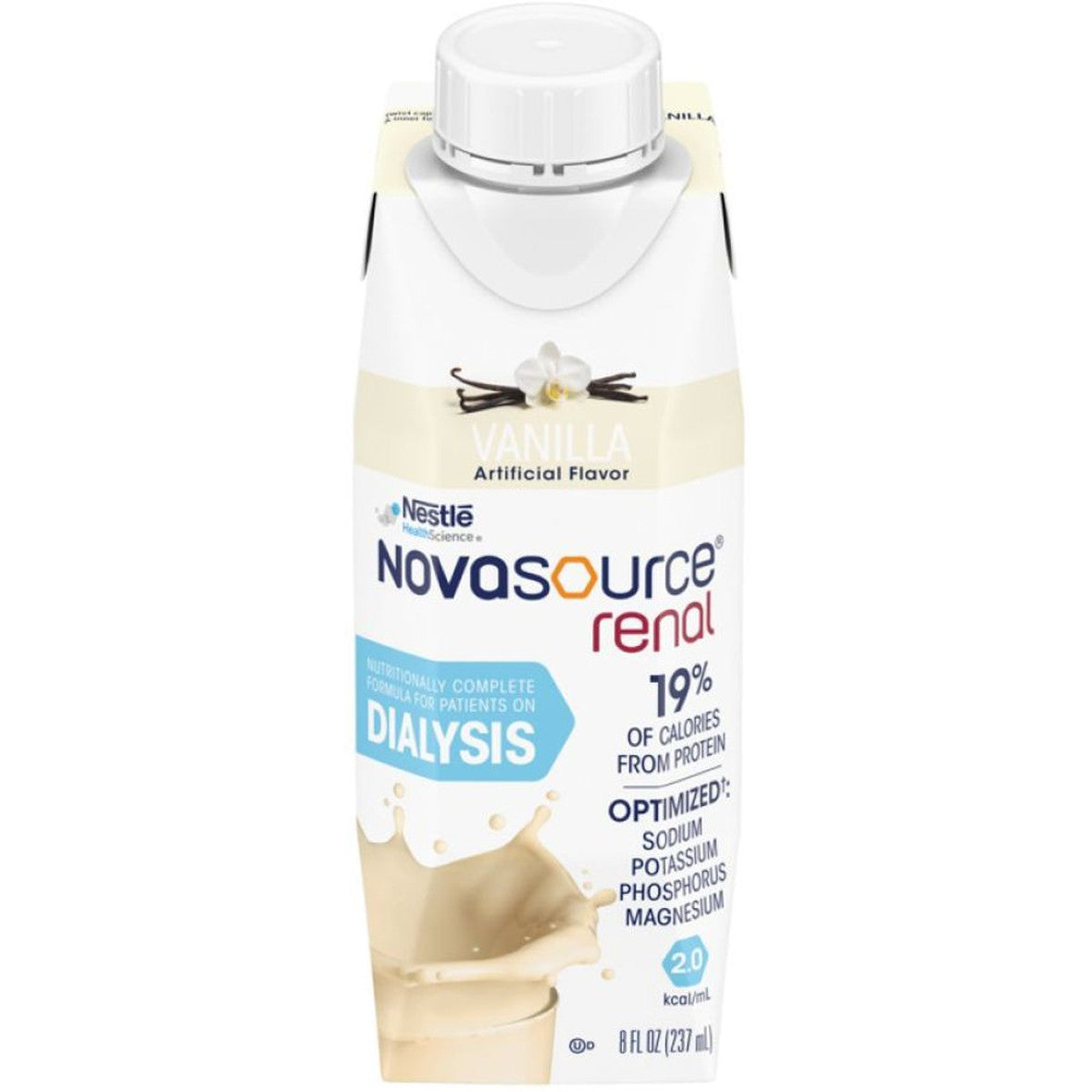 Nestlé Novasource® Renal Vanilla beverage in 8 fl oz bottle, part of a 24-case, designed for renal health support.