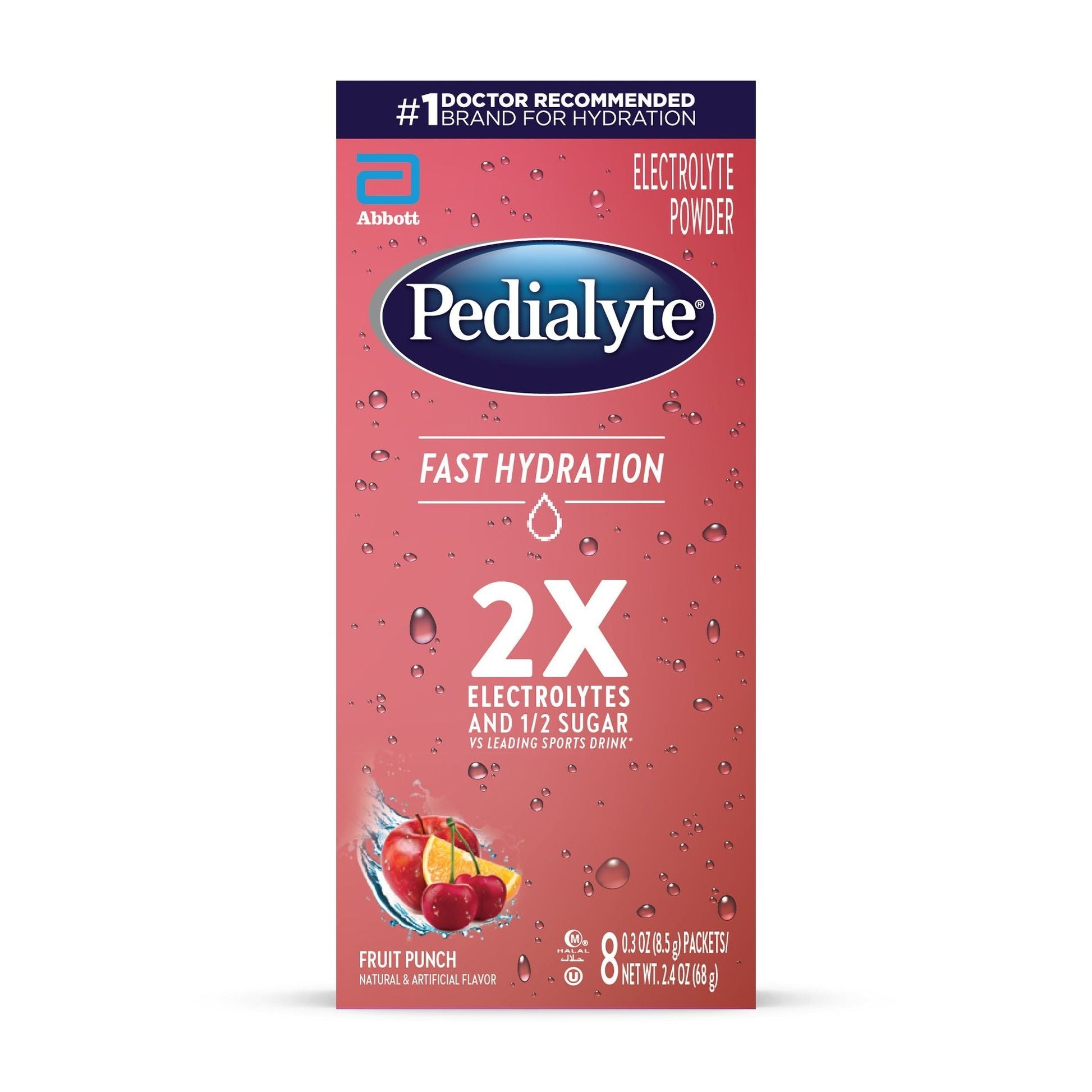 Pedialyte electrolyte powder packs in fruit punch flavor, displayed in colorful sachets for hydration and replenishment.