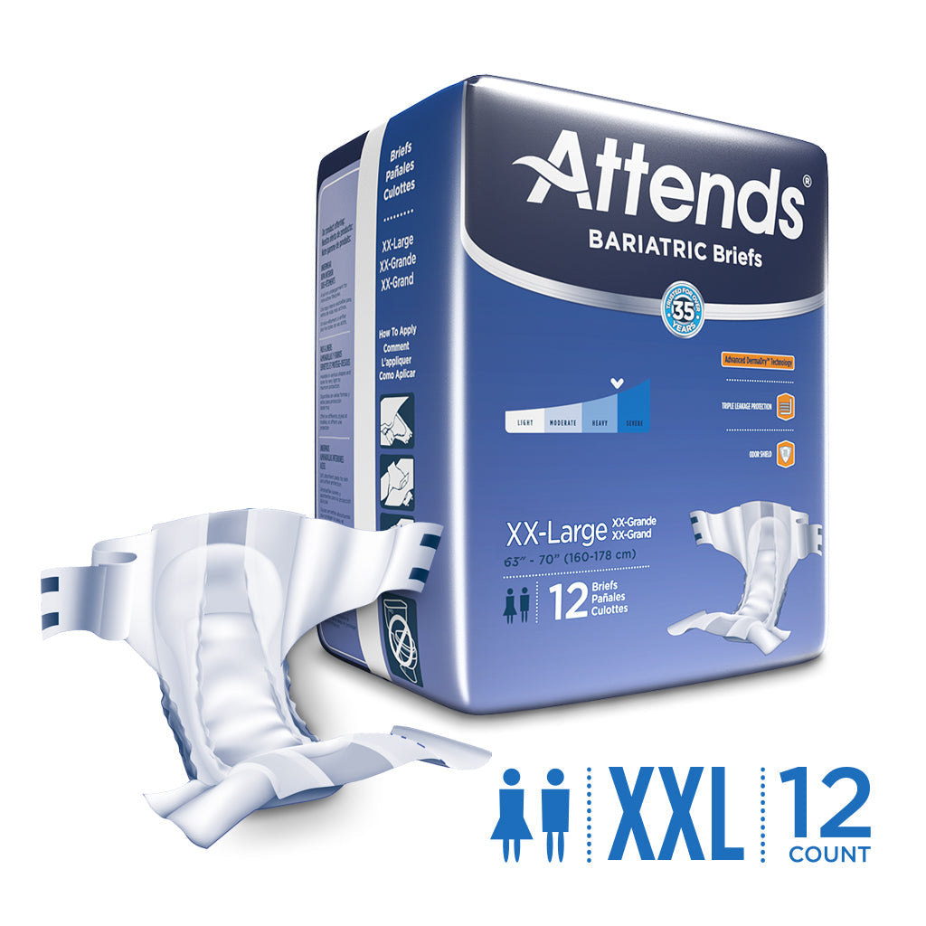 Unisex Attends bariatric incontinence briefs in 2X-Large with heavy absorbency, designed for comfort and secure fit.
