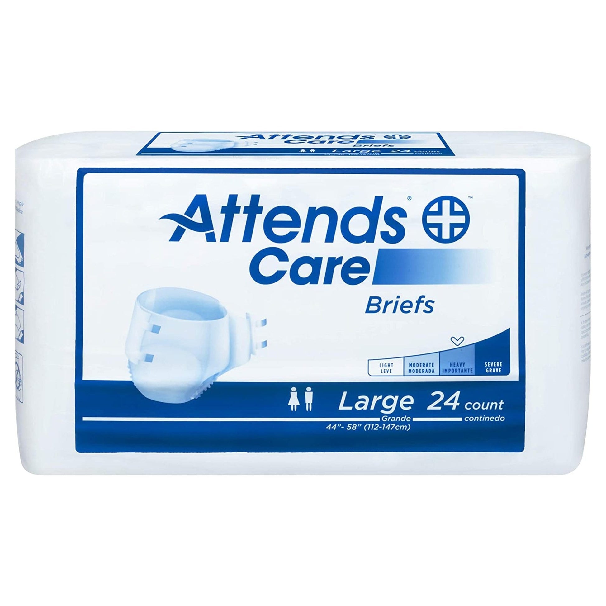 Unisex adult incontinence briefs by Attends, large disposable briefs in package of 24, suitable for discreet wear.