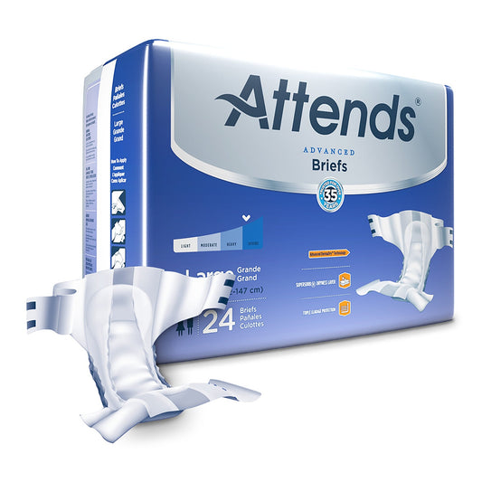 Attends unisex adult incontinence briefs, large disposable briefs in case of 3, designed for comfort and protection.
