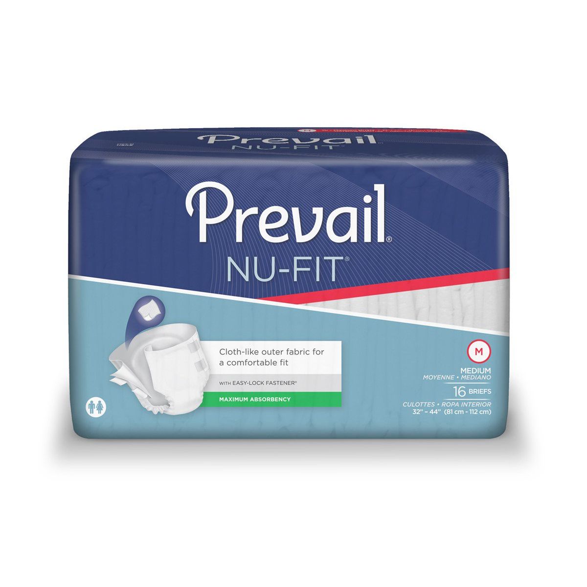 Unisex medium First Quality Prevail Nu-Fit adult incontinence brief, disposable with heavy absorbency, shown on a flat surface.