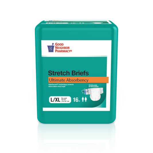 Good Neighbor Pharmacy Stretch Briefs in Large/XL, 16-count, comfortable bicycle-style briefs by Pasteur Pharmacy, visible in the image.