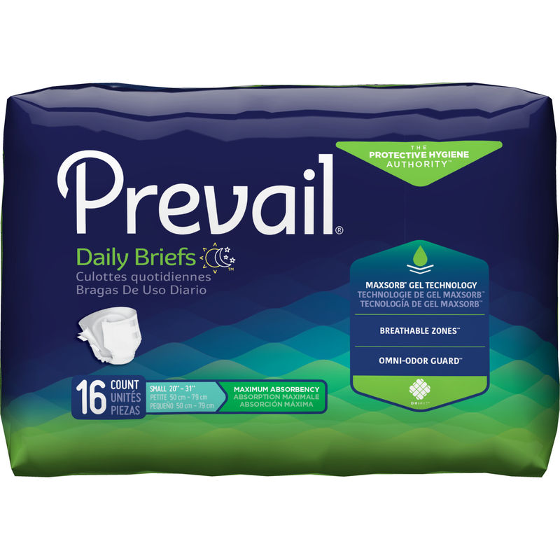 Pasteur Pharmacy Prevail Briefs for maximum absorbency, small size, suitable for 20-31 inch waist, feature breathable fabric.