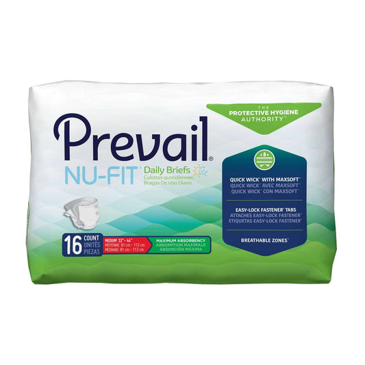 Large bag of Prevail Nu-Fit incontinence adult briefs in packaging, designed for comfort and protection.