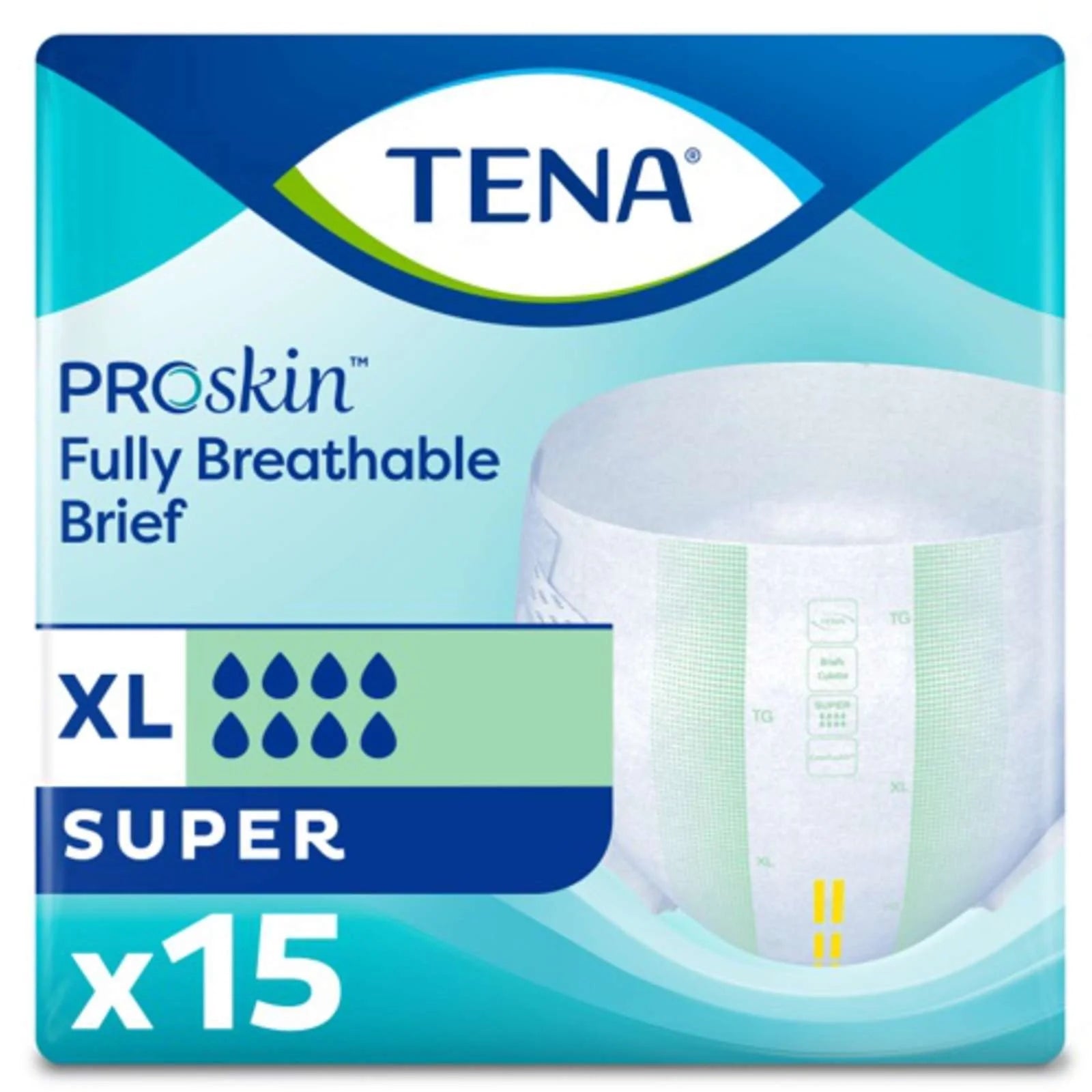 Tena adult incontinence brief with super absorbency, designed as comfortable bicycle shorts and briefs for discreet protection.