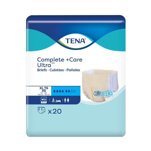 TENA Complete +Care Ultra Briefs with CurvDefence, X-Large MK, in white, designed for comfort and secure fit, from Pasteur Pharmacy.