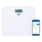 A&D Premium Wireless Weight Scale with Bluetooth connectivity, biometric monitor showing weight measurement in a modern bathroom setting.