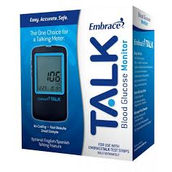 Embrace® TALK Blue glucose monitoring pro pack by Pasteur Pharmacy, biometric monitor with digital display and test strips.