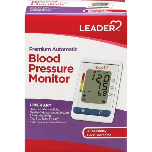 Leader Blood Pressure Monitor from Pasteur Pharmacy with easy-to-read display and wide-range arm cuff for accurate readings.