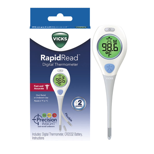 Vicks Rapid Read digital thermometer for oral, rectal, or underarm use, white biometric monitor suitable for all ages.