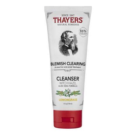Thayers Blemish Clearing Cleanser with Lemon and Witch Hazel in a 4 oz bottle, natural skincare for blemish-prone skin.