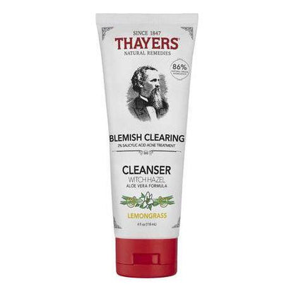 Thayers Blemish Clearing Cleanser with Lemon and Witch Hazel in a 4 oz bottle, natural skincare for blemish-prone skin.