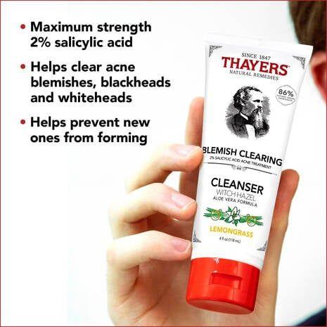 Thayers Lemon Witch Hazel Blemish Clearing Cleanser in 4 oz bottle, gentle facial cleanser for acne-prone skin