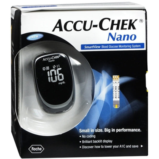 Accu Chek Nano Smartview blood glucose monitoring system kit with meter, test strips, and lancing device for diabetes management.