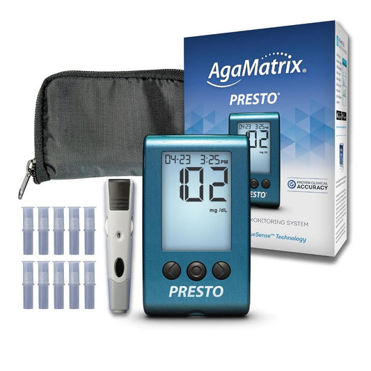 AgaMatrix Presto blood glucose monitoring system with display screen and testing strips for accurate blood sugar measurement.