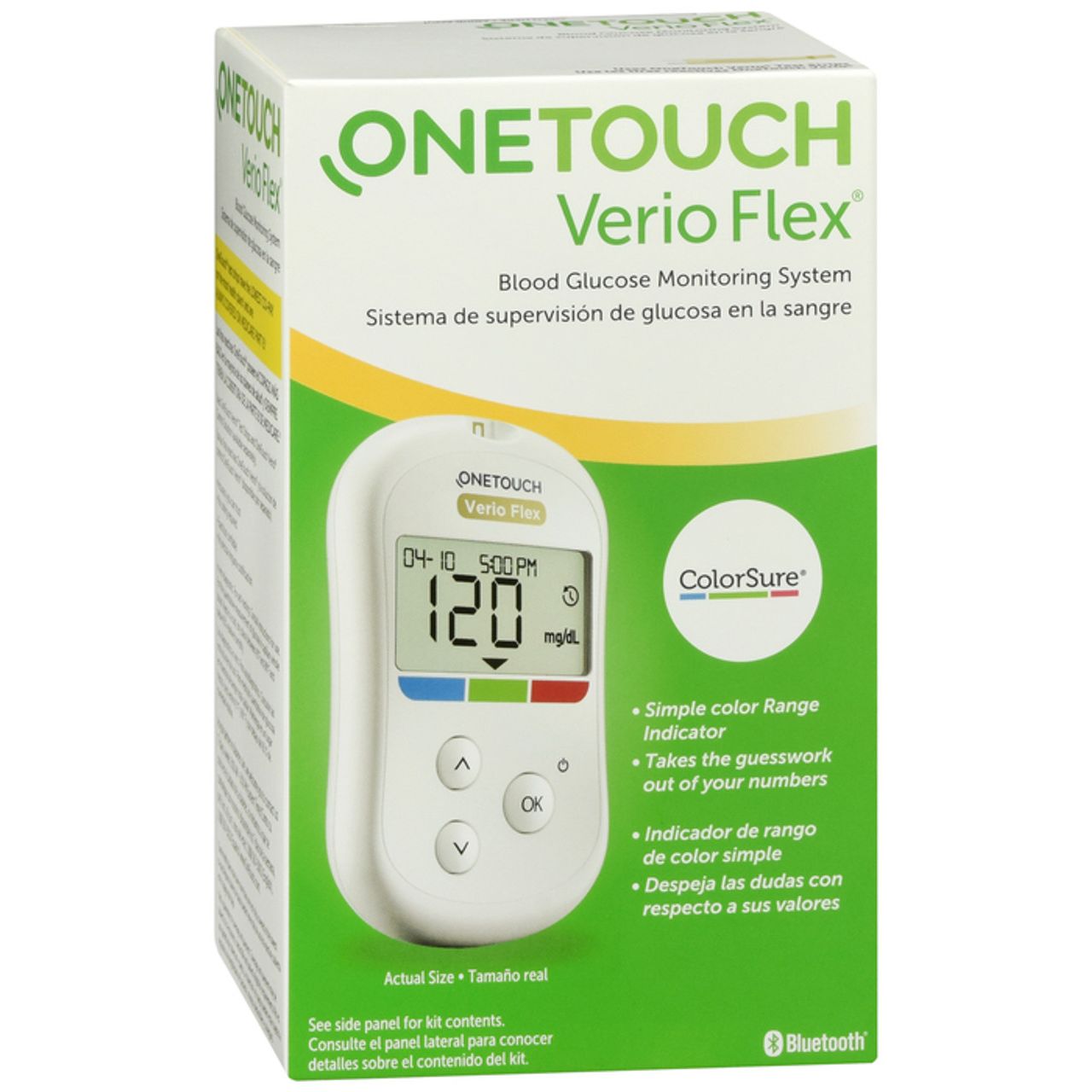 OneTouch Verio Flex blood glucose monitoring system by Pasteur Pharmacy, compact meter with digital display and test strip port.